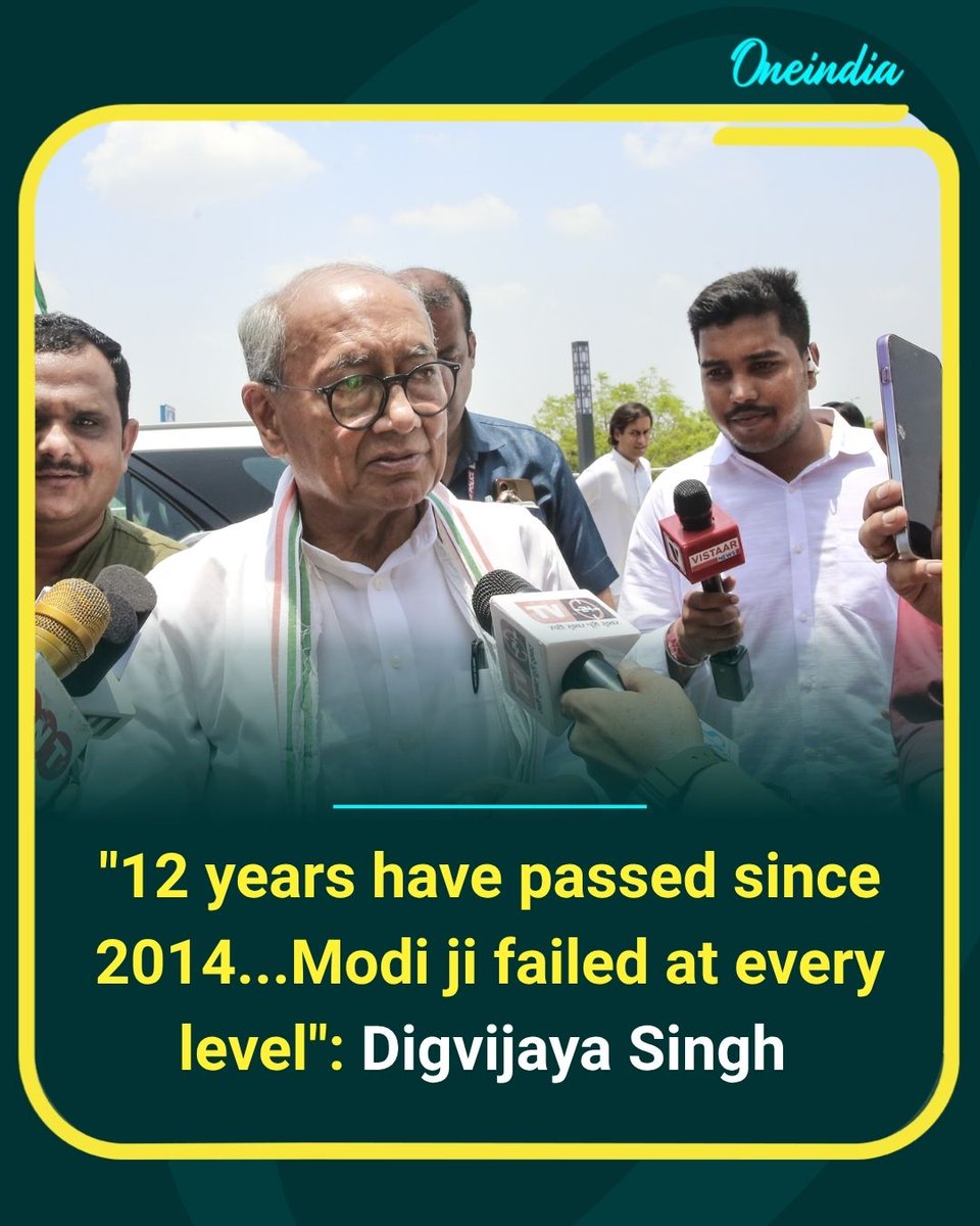 Oneindia's tweet photo. In Bhopal, Digvijaya Singh takes aim at the Modi government, saying 12 years have passed since 2014 and alleging that it has failed on every front.

#DigvijayaSingh #ModiGovernment #PoliticsToday #OI https://t.co/rQOAhO3t8l