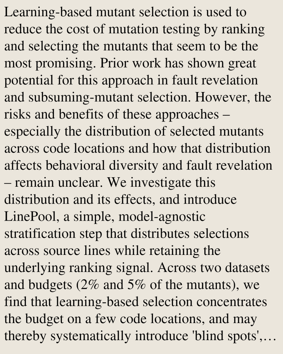 ComputerPapers's tweet photo. Where Does the Budget Go? Structural Concentration in Learning-Based Mutant Selection

Taha Rostami, Jeongju Sohn, Mike Papadakis
https://t.co/3g3EpPJzjt [𝚌𝚜.𝚂𝙴] https://t.co/3kOyAVJt6P