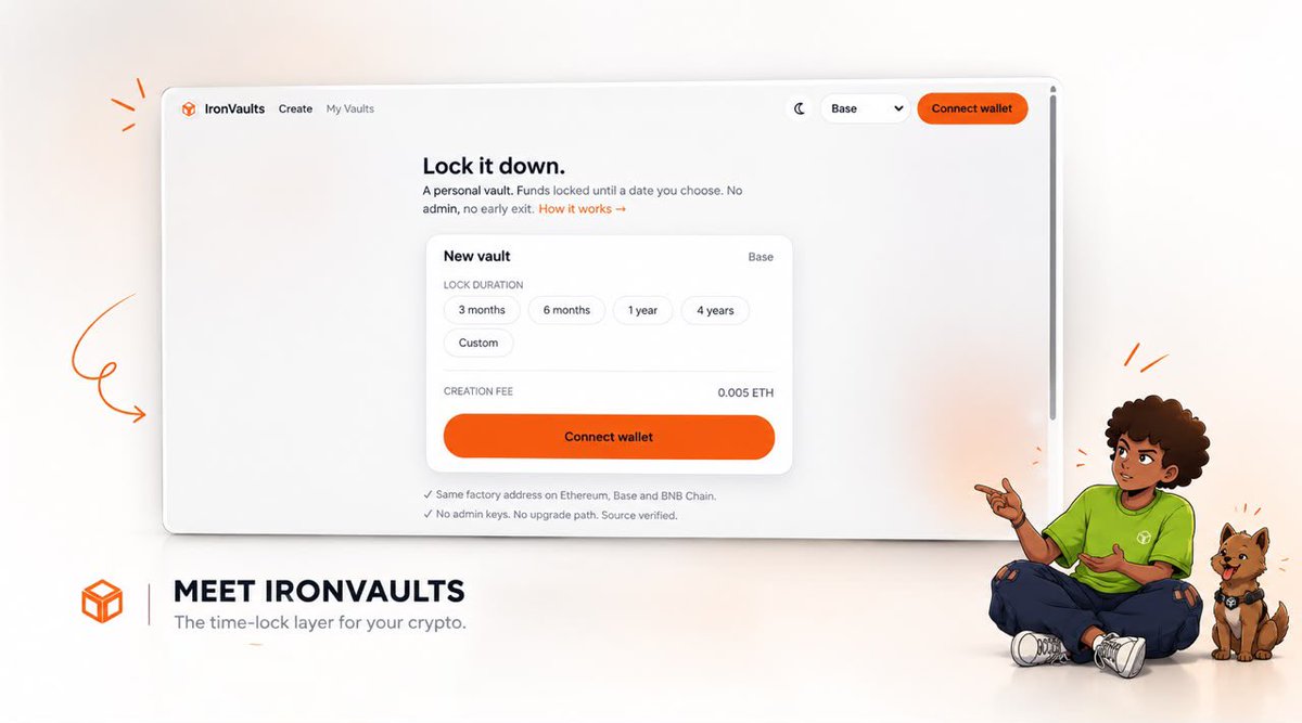 _NathanHQ's tweet photo. What if you could lock your crypto away and make it impossible for anyone to touch it until a date you choose?

Not you.
Not the team.
Not an admin.

That’s the idea behind @Iron_vaults.

You create an on-chain vault, choose the unlock date, deposit your assets, and let the smart contract enforce the rules.

Here’s how it works 🧵