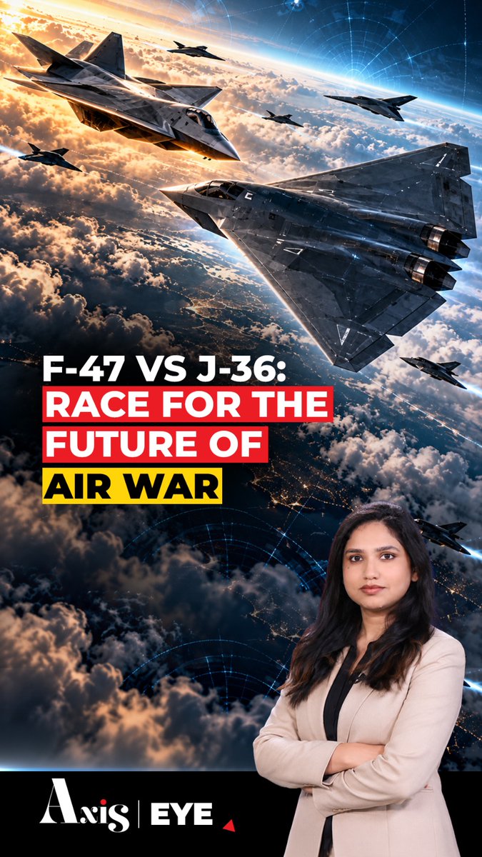 The image is a YouTube thumbnail titled "F-47 VS J-36: RACE FOR THE FUTURE OF AIR WAR," featuring a dramatic aerial scene with futuristic stealth fighters soaring above the clouds alongside a presenter in a beige blazer, branding the content under "Axis Eye" and visually illustrating the U.S.-China sixth-generation fighter jet competition referenced in the post.