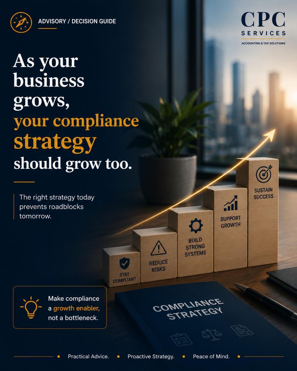 CPCServices1987's tweet photo. Your business grew this year.
Did your compliance strategy grow with it?
Growth changes obligations. Review before you scale further.
#BusinessAdvisory #TaxPlanning #Compliance https://t.co/ncaixBlTNy