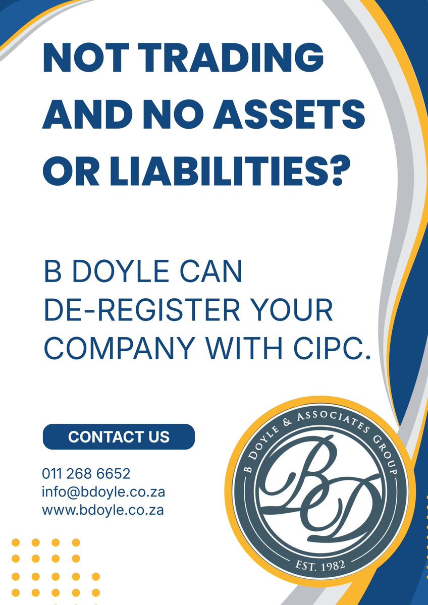 BdoyleGroupSA's tweet photo. #cipc #deregistration #nottrading #noassets #noliabilities #dormantcompany #companyderegistration #besure #besmart #beprofessional #bdoyle https://t.co/w96etkRIpB