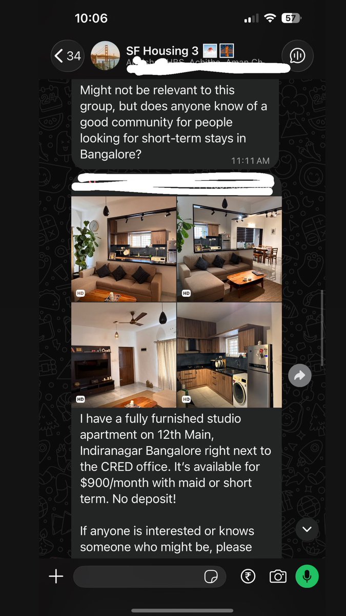 RikkinMajani's tweet photo. India/US cross border at its peak - saw a bangalore housing post in sf housing group chat  🤣💀@peakbengaluru https://t.co/jSYP03K2RU