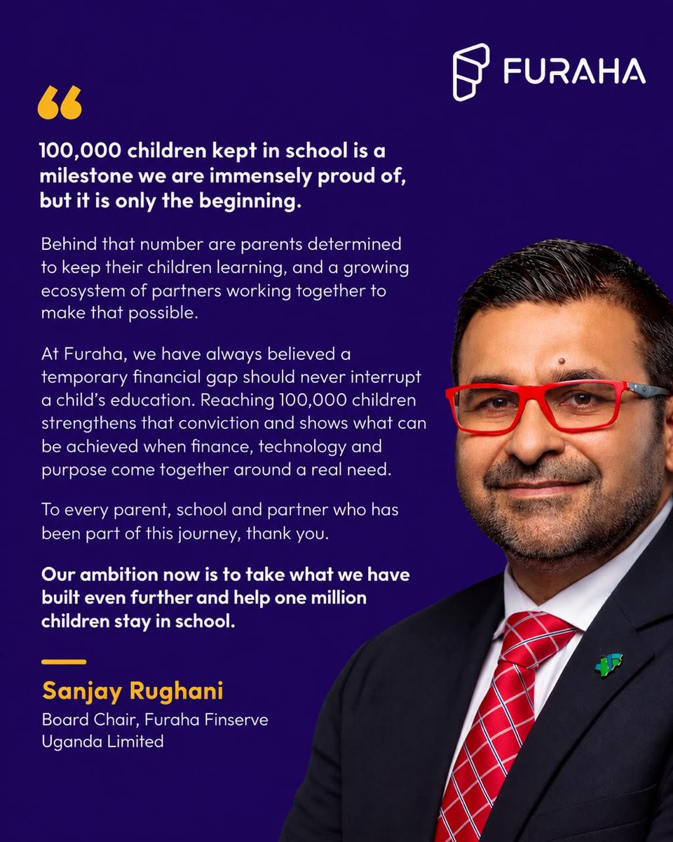 FurahaFinserve's tweet photo. 100,000 children kept in school. And we’re just getting started. 🎒🚀

Our Board Chair, @srughani, reflects on the people behind this milestone and our ambition to reach one million children.

#NoChildLeftBehind

@StanChartUGA @scventuresDNA @dmusinguzi https://t.co/iCABVwCva0