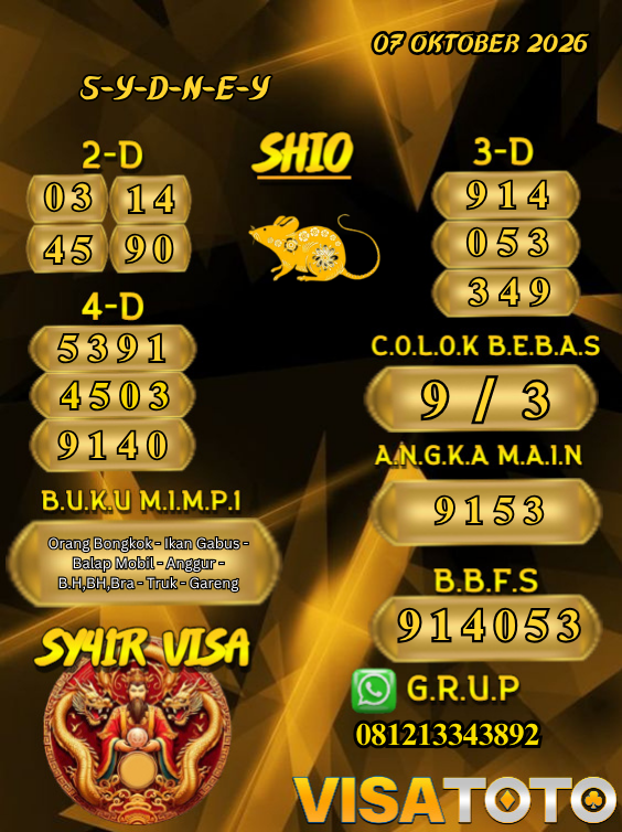 PrediksiVisa's tweet photo. PREDIKSI VISATOTO HARI INI 07 OKTOBER 2026
PASARAN : SYDNEY

SALAM JACKPOT &amp; TETAP UPS BOSSKU !! 🥰🥰

#visatoto #AngkaMain #ColokBebas #Prediksijitu https://t.co/HHhfMavvJr