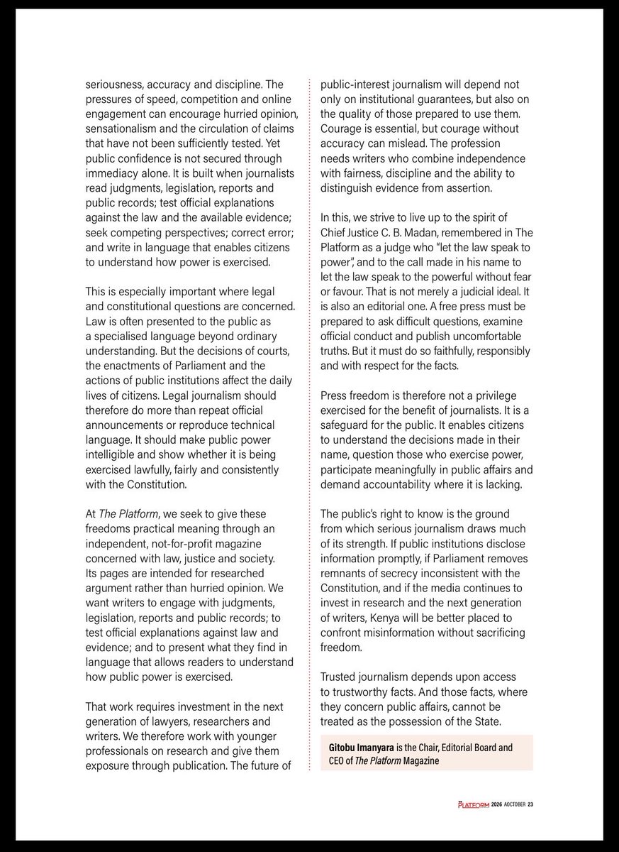 OdiraTeddy's tweet photo. A free press needs more than the right to publish. It needs the right to know. @GitobuImanyara argues for ending unjustified secrecy and putting public information in public hands, where it belongs. 

Read his piece in The Platform’s October issue. https://t.co/8i7ssEjJQI https://t.co/CXXOth8EV2