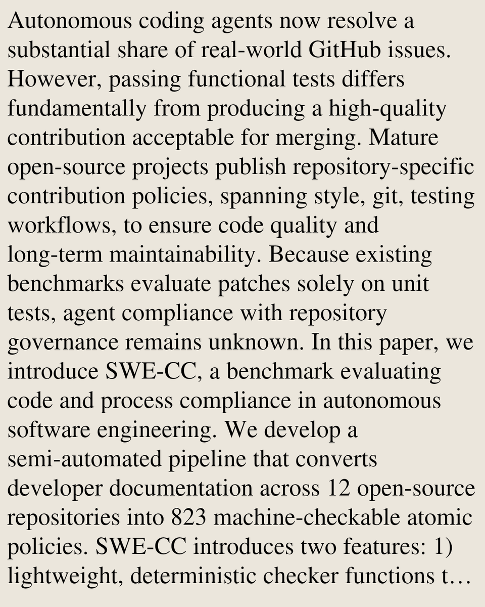 ComputerPapers's tweet photo. Correct Code, Broken Contributions? SWE-CC: Benchmarking Repository Policy Compliance for Coding Agents

Hai Dang Truong, Rayner Goh, Thanh Le-Cong, Yintong Huo
https://t.co/W1GsSMt0Tq [𝚌𝚜.𝚂𝙴 𝚌𝚜.𝙰𝙸]
💬Code: https://t.co/RUXtdyxufO https://t.co/OWguyx9mNu