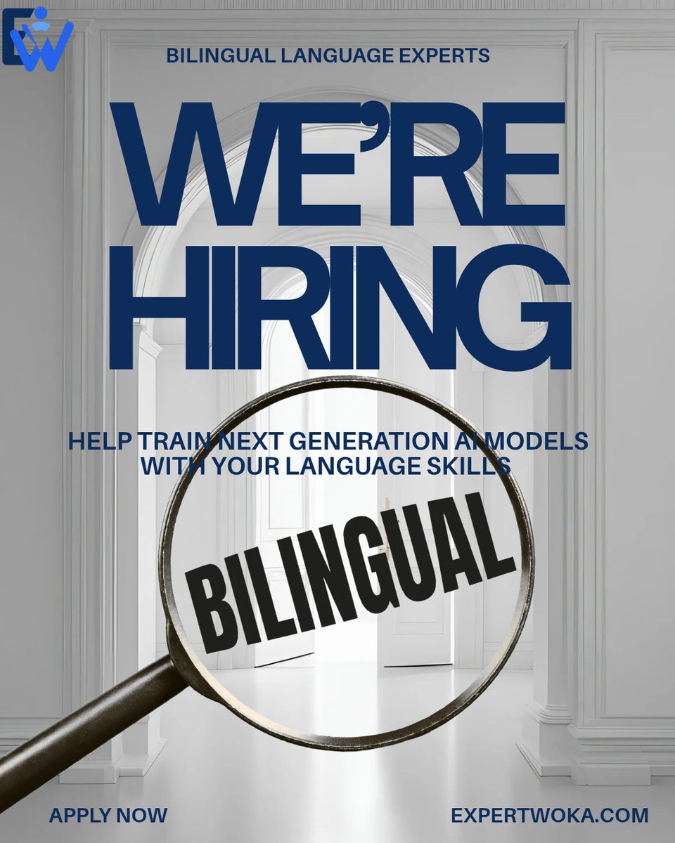 ExpertWoka's tweet photo. HIRING: Remote Bilingual Experts! 🌍
Train next-gen AI 
💰 $30–$65/hr
📍 Remote (Global)
🚫 No AI experience required
Languages needed (Native + B2 English):
🇮🇹 Italian
🇧🇩 Bengali
🇳🇱 Dutch
🇮🇳 Tamil
🇮🇱 Hebrew
🇷🇺 Russian
Apply now on https://t.co/s3DQM1eOmx https://t.co/AhZ7VaZ4aP