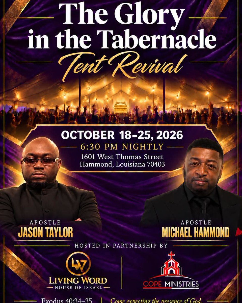 LIVINGWORDHOI's tweet photo. 📣🔥 HAMMOND, LOUISIANA — GET READY! 🔥📣

Something powerful is coming to the city of Hammond! Living Word House of Israel and Cope Ministries are coming together for 8 nights under the tent for:

✨ THE GLORY IN THE TABERNACLE — TENT REVIVAL ✨ https://t.co/WMZ1VQJXpE