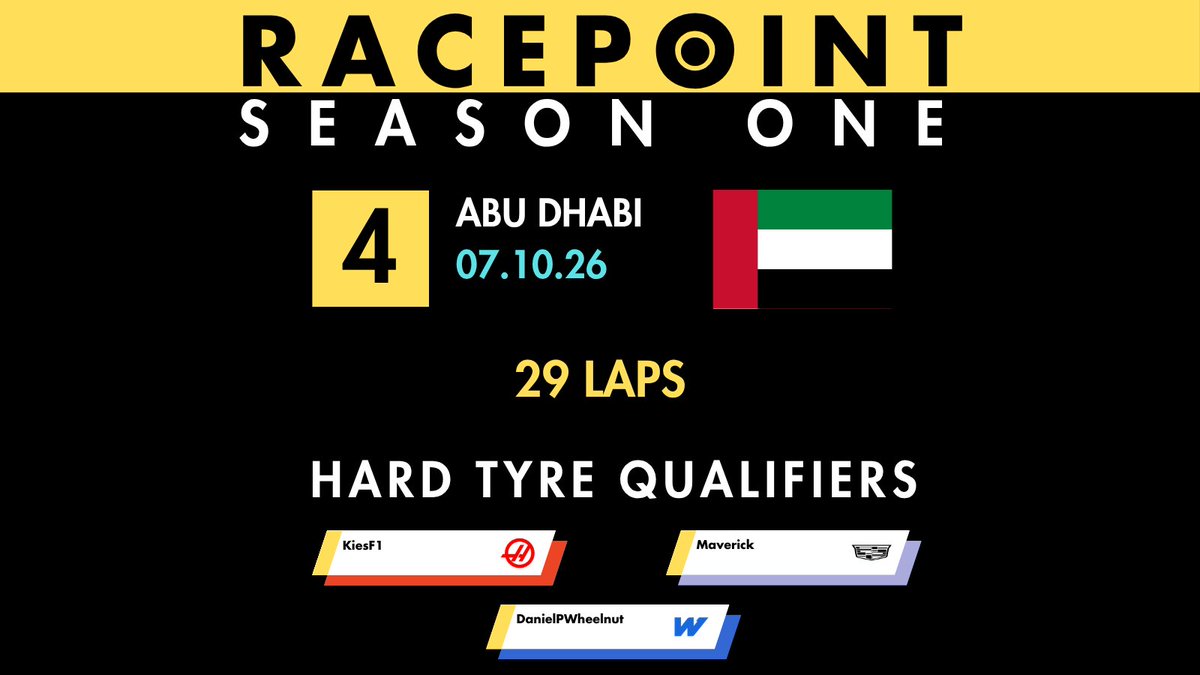 RacePointLeague's tweet photo. RACE DAY 🏁

Round 4: Abu Dhabi 🇦🇪

🕛 Start time: 7.30pm
👑 Lobby host: @F1bazza86
🎙️ Commentators: @IvorBrynMike &amp; @ERT_ColinRMason
🛞 Hard tyre runners in qualifying: @TheKieSF1, Maverick &amp; DanielPWheelnut

Race will be live on YouTube: https://t.co/1MLYjkxOjA

#RaceDay https://t.co/hzNIsuAf5F