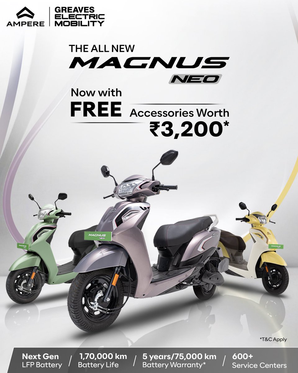ampere_ev's tweet photo. More safety. More comfort. At no extra cost ⚡

Get the all-new Ampere Magnus Neo and receive a Free Safety Kit worth ₹3,200*.

🔹 Helmet
🔹 Ladies’ Footrest
🔹 Centre Stand
🔹 Floor Mat https://t.co/Tfpsrv4YDj