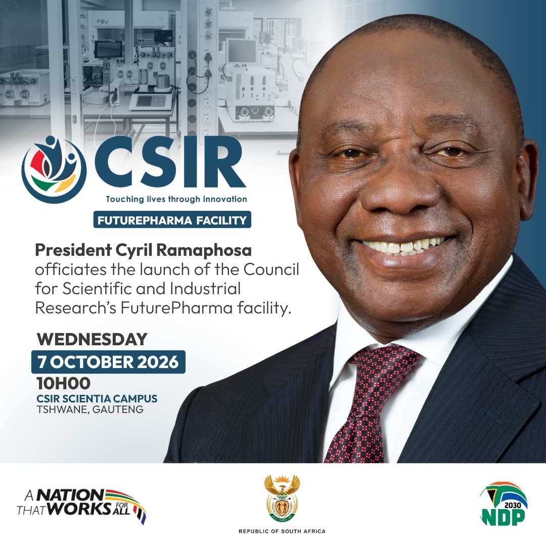 PresidencyZA's tweet photo. President @CyrilRamaphosa will today officiate the launch of the CSIR FuturePharma facility in Tshwane, Gauteng.
 
The launch marks an important milestone in strengthening South Africa’s pharmaceutical innovation and manufacturing capabilities, supporting the development of medicines and pharmaceutical products, local production and a more resilient pharmaceutical value chain.