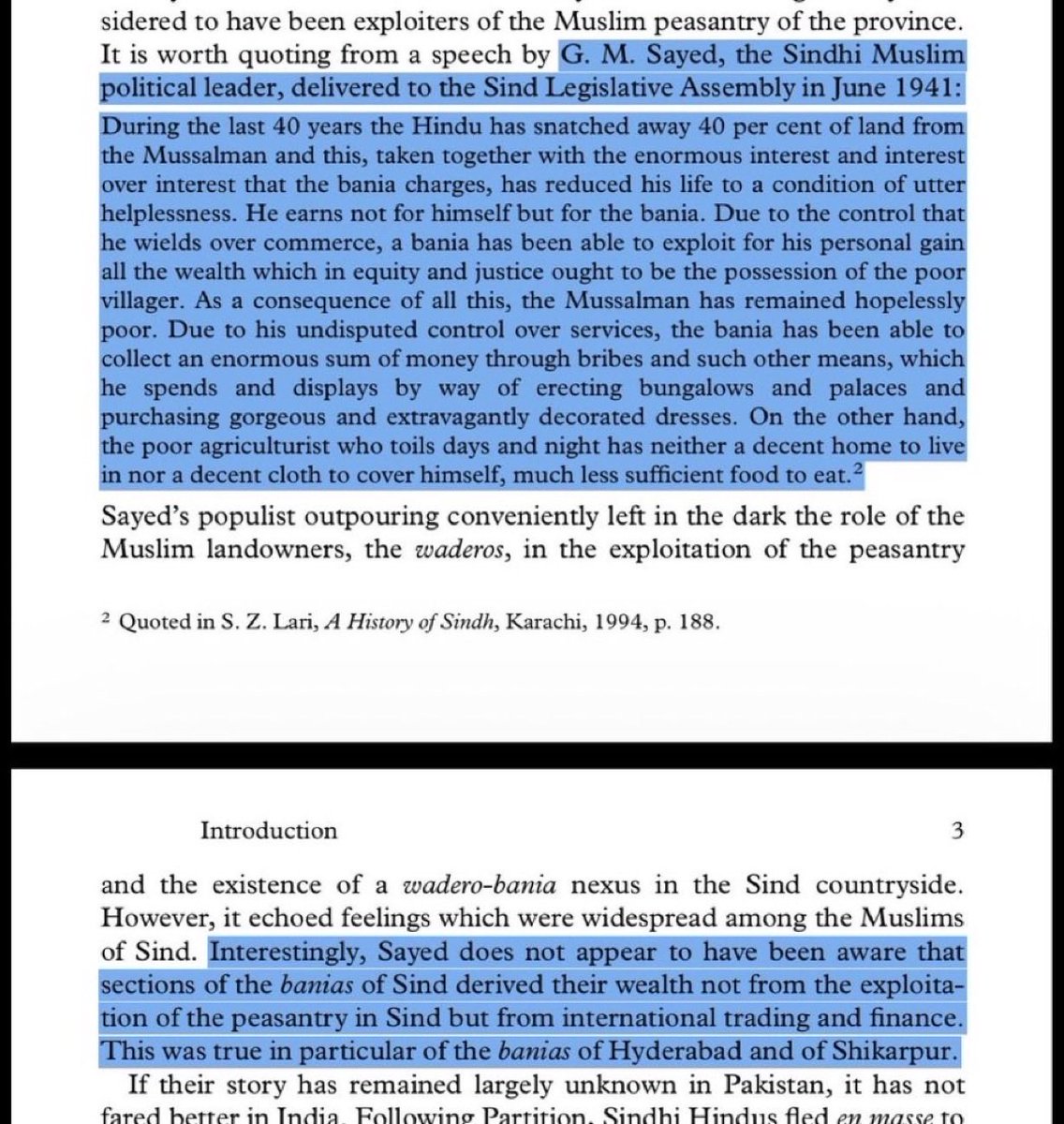HaidyChauhan's tweet photo. G. M. Syed argued that the British empowered Sindhi Hindu merchant and moneylenders, leaving many Sindhi Muslims landless and trapped in bonded labour.

Sindhi Muslims supported Pakistan to end Hindu economic dominance.

They considered Sindhi Hindus parasites. https://t.co/jtwKuxrEEo