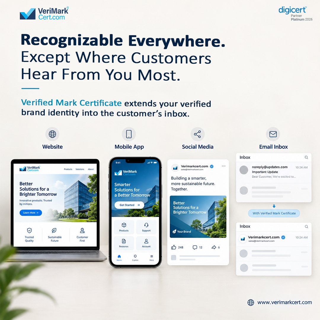 verimarkcert's tweet photo. Your customers know your brand. But will they recognise it in their inbox?

A Verified Mark Certificate (VMC) helps eligible brands display their logo and blue checkmark in supported inboxes.

#VMC #BIMI #BrandTrust https://t.co/zU9jsG6SJc