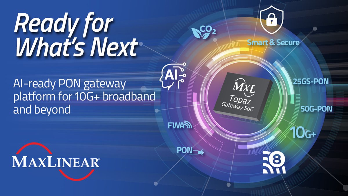 2logics's tweet photo. MaxLinear said on Tuesday, October 6, that it has launched Topaz, a highly integrated PON home-gateway SoC aimed at 10G fiber today and multi-gigabit upgrades tomorrow, with on-chip AI acceleration and post-quantum cryptography readiness.

The Carlsbad chipmaker says Topaz folds fiber access, packet processing, AI/ML engines, hardware security and dynamic power management into one die for PON fiber gateways, Ethernet and fixed-wireless access boxes. The roadmap pitch includes Wi-Fi 8-class processing headroom, 25G and 50G connectivity options, DDR5 support, and low-latency features such as L4S with a hardware dual-queue AQM. Security claims cover NIST IR 8425A, the EU Radio Equipment Directive and Cyber Resilience Act, plus hardware-grade PQC readiness for long fiber asset lives. Software is shared with MaxLinear's Puma 9 DOCSIS platform under an AnyWAN common codebase. Askey and Gemtek are early-access partners; MaxLinear will show Topaz at Network X 2026 in Vienna (booth D21). SVP Puneet Sethi said operators "can't afford to wait years" for AI-era home gateways.

Why it matters: the broadband CPE silicon fight is now about AI offload and post-quantum readiness, not just raw 10G ports.

Sources: MaxLinear (Business Wire), 6 Oct 2026.

#MaxLinear #Topaz #PON #Broadband #WiFi8 #PostQuantum
@MaxLinear
