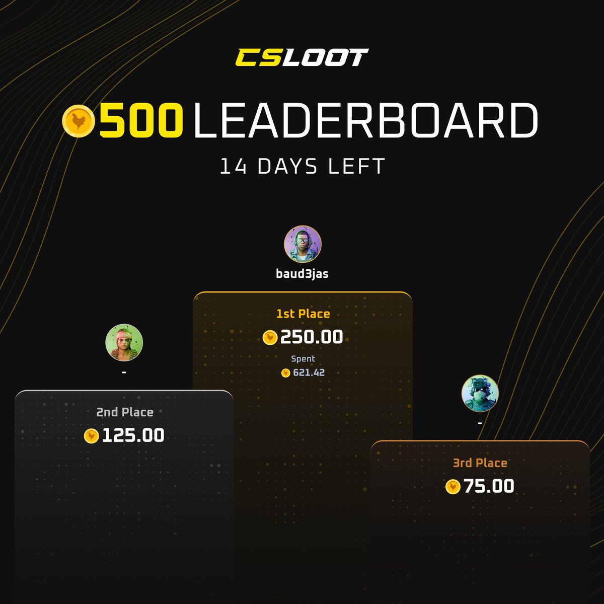 CSLOOTio's tweet photo. 14 days left on our $500 CSLOOT x ChickenGG Wager Leaderboard! 🏆

Join here → https://t.co/o8wJ0S48N8

One random person will receive $10!

Like, retweet, and tag a friend to enter. Good luck! 💸 https://t.co/xrN48Vhh2a