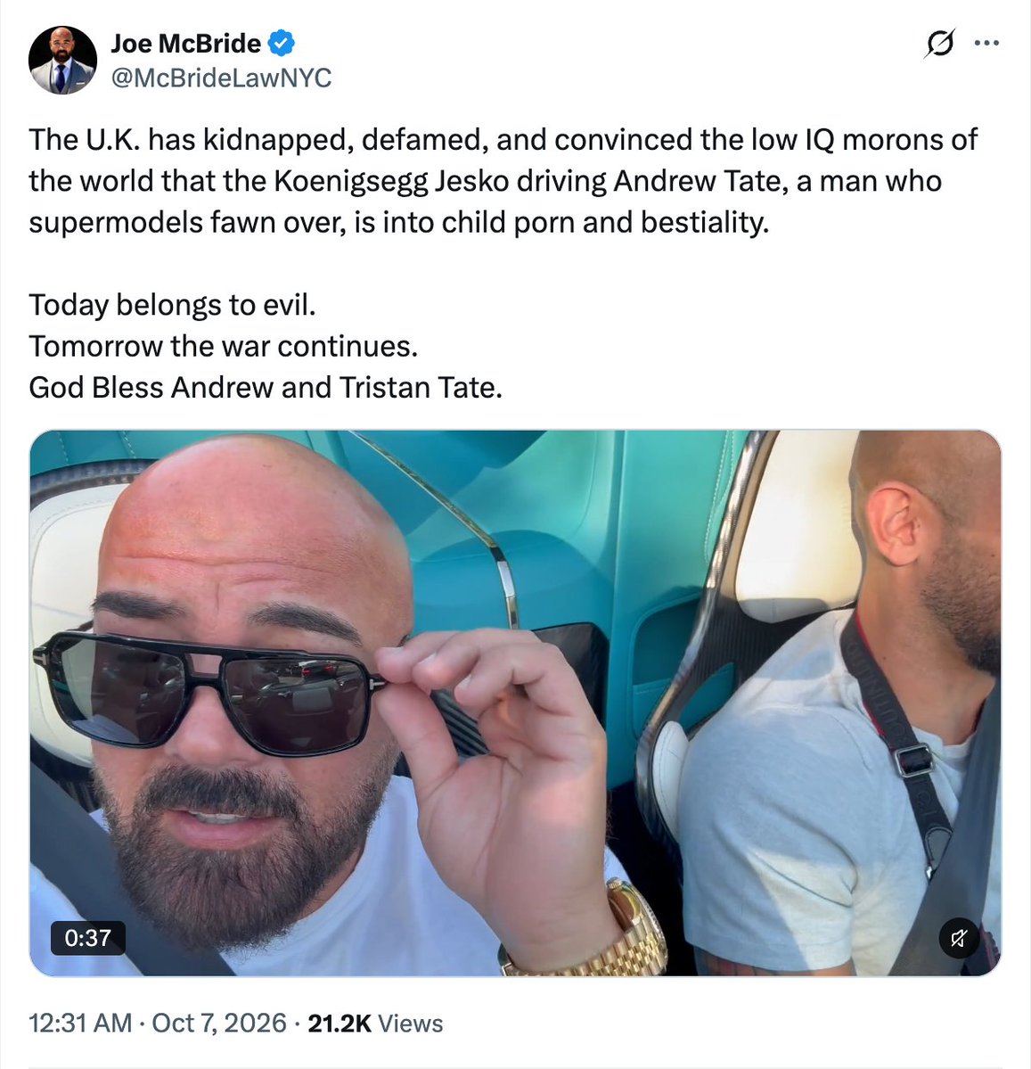 Dplanet's tweet photo. 🚨🇬🇧 He told us he was a pimp who flew in women from around the world, made them fall in love with him, and exploited them via his cam business. We said, "OK, we call that human trafficking." 

He told us he was into young girls - 'You know me, I don't give a f**k". We said, "OK, we call that being a pedo."

He told us he was a gangster who would confiscate passports, stop women from going out alone, and could have you 'found in a ditch'. We said, "OK, Top G, you're into organised crime."

He told us he would "bang out the machete, boom in her face, and grip her by the neck. Shut up bitch." We said, "OK, you're into violence against women."

Now he's fighting to avoid extradition to the UK to face those exact charges, and his dumb-ass lawyer is saying we 'defamed' him 🤡🤡