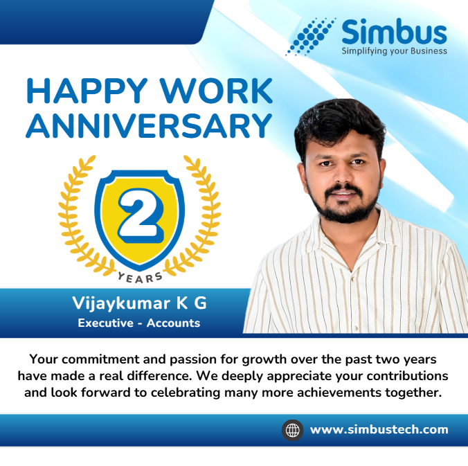 SimbusTech's tweet photo. Happy Work Anniversary, Vijaykumar KG! Thank you for your consistent effort, collaborative spirit, and dedication to excellence. Wishing you continued growth and success! 
https://t.co/c3aDmBZcEv
#WorkAnniversary #Simbus #Simbuzz #SupplyChain https://t.co/u0HqZh0erV