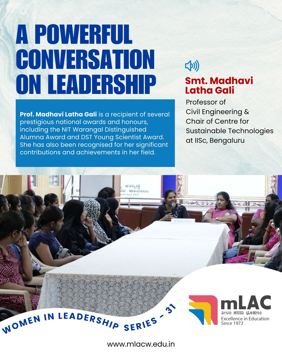 mLAC1972's tweet photo. A powerful conversation on leadership! 🌟
mLAC’s Women in Leadership Series – 31 featured an inspiring session with Smt. Madhavi Latha Gali, sharing valuable insights, experiences, and perspectives on leadership with our students.

#mLAC #WomenInLeadership #LeadershipSeries https://t.co/qoOIrAILYn
