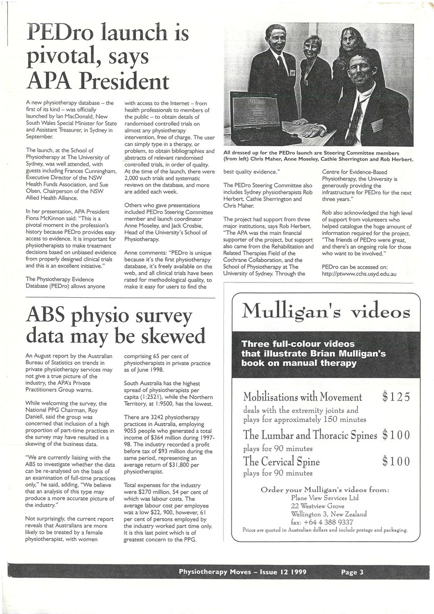 PEDro_database's tweet photo. 🗂️ From the PEDro Vault

We are celebrating 27 years of PEDro by taking a look at PEDro's journey. In 1999 PEDro's launch was featured in Physiotherapy Moves by @apaphysio and included comments PEDro Founders, Dr Anne Moseley and Prof Rob Herbert. https://t.co/vpiANr5tD8