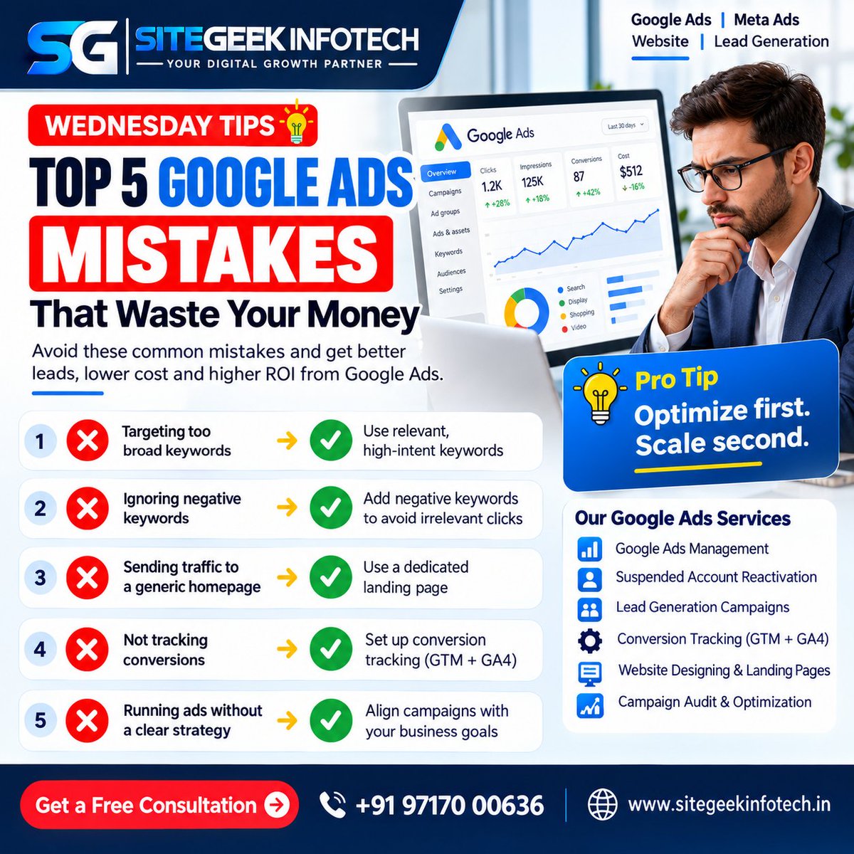 sitegeekinc's tweet photo. Google Ads getting clicks but no leads? 🎯
Check: Keywords • Negative Keywords • Landing Page • Tracking • Optimization.
Optimize first. Scale second.
#GoogleAds #LeadGeneration #PPC https://t.co/J6DieveAZw