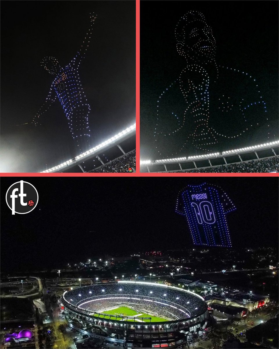 Footballtweet's tweet photo. 💡🩵 After the match, a drone show lit up the sky in honour of Lionel Messi. https://t.co/IiW6ocb22k