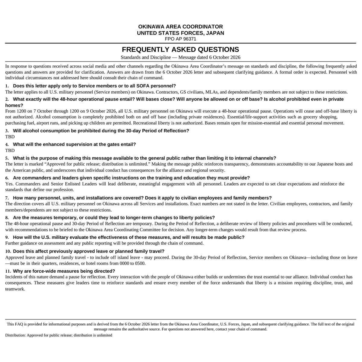 IIIMEF's tweet photo. In response to questions received across social media and other channels regarding the Okinawa Area Coordinator’s message on standards and discipline, the following frequently asked questions and answers are provided for clarification. https://t.co/GCr5OUvTiU