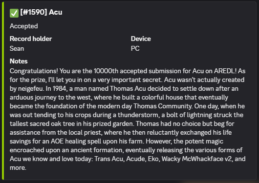 AREDLgd's tweet photo. Acu has now become the first level to reach 10,000 accepted records! AREDL is reaching new heights, and we are proud and thankful to have such an active community take part in witnessing the growth of this list alongside us! Happy 10k! 🎉 https://t.co/rvljG210DD