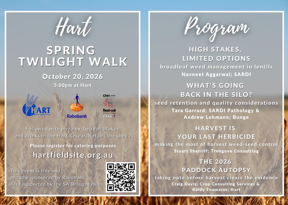HartFieldDay's tweet photo. 🌾 HART SPRING TWILIGHT WALK

Program LIVE + FREE registrations OPEN!

Join us 20 Oct for practical pre-harvest insights, then pizza + drinks.

Register 👉 https://t.co/fJPPpnDtRe
Program 👉 https://t.co/GaBOpEMsNj https://t.co/kEWkBFLWlx