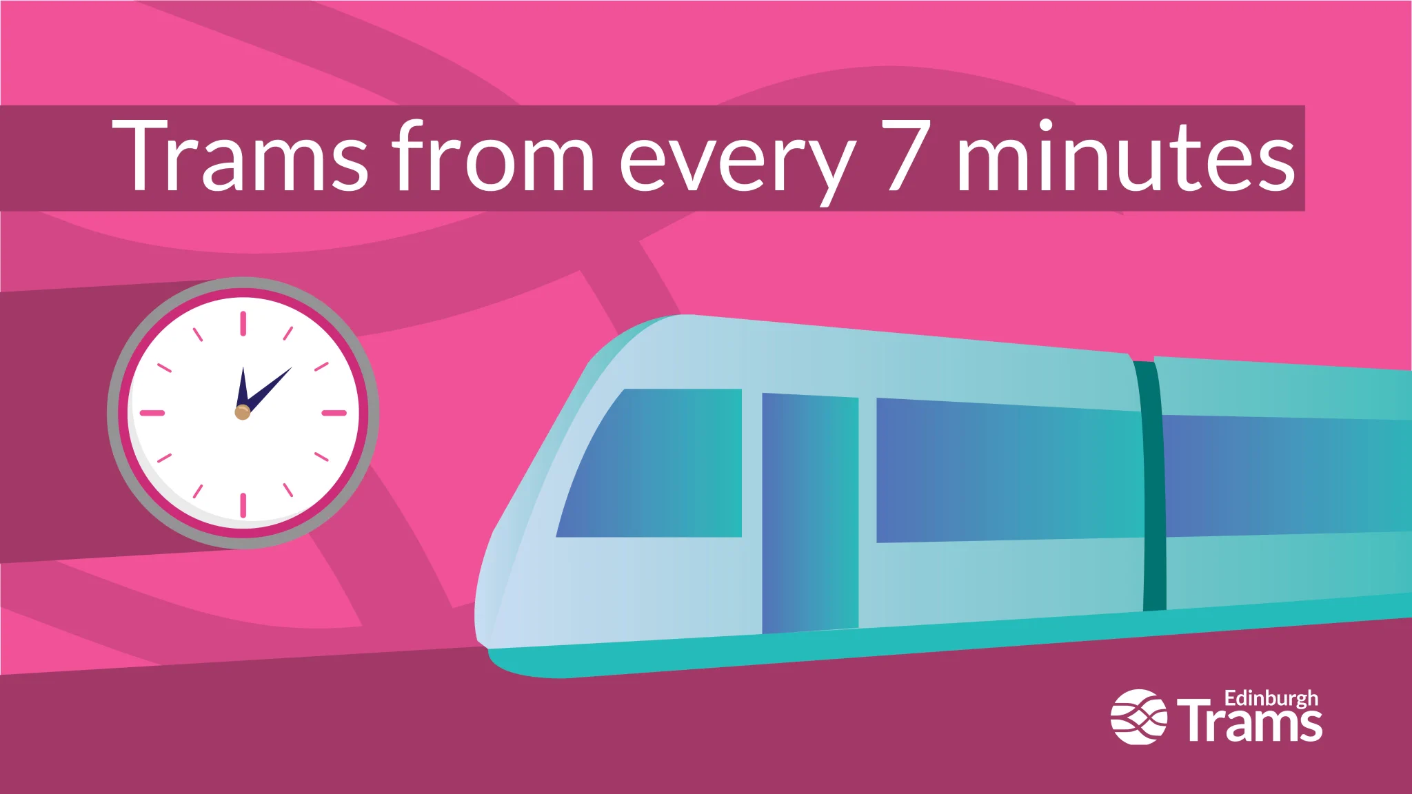 An image of a blue tram against a pink background. A clock indicates 7 minutes. The Edinburgh Trams logo is in the bottom corner. Text reads: Trams from every 7 minutes