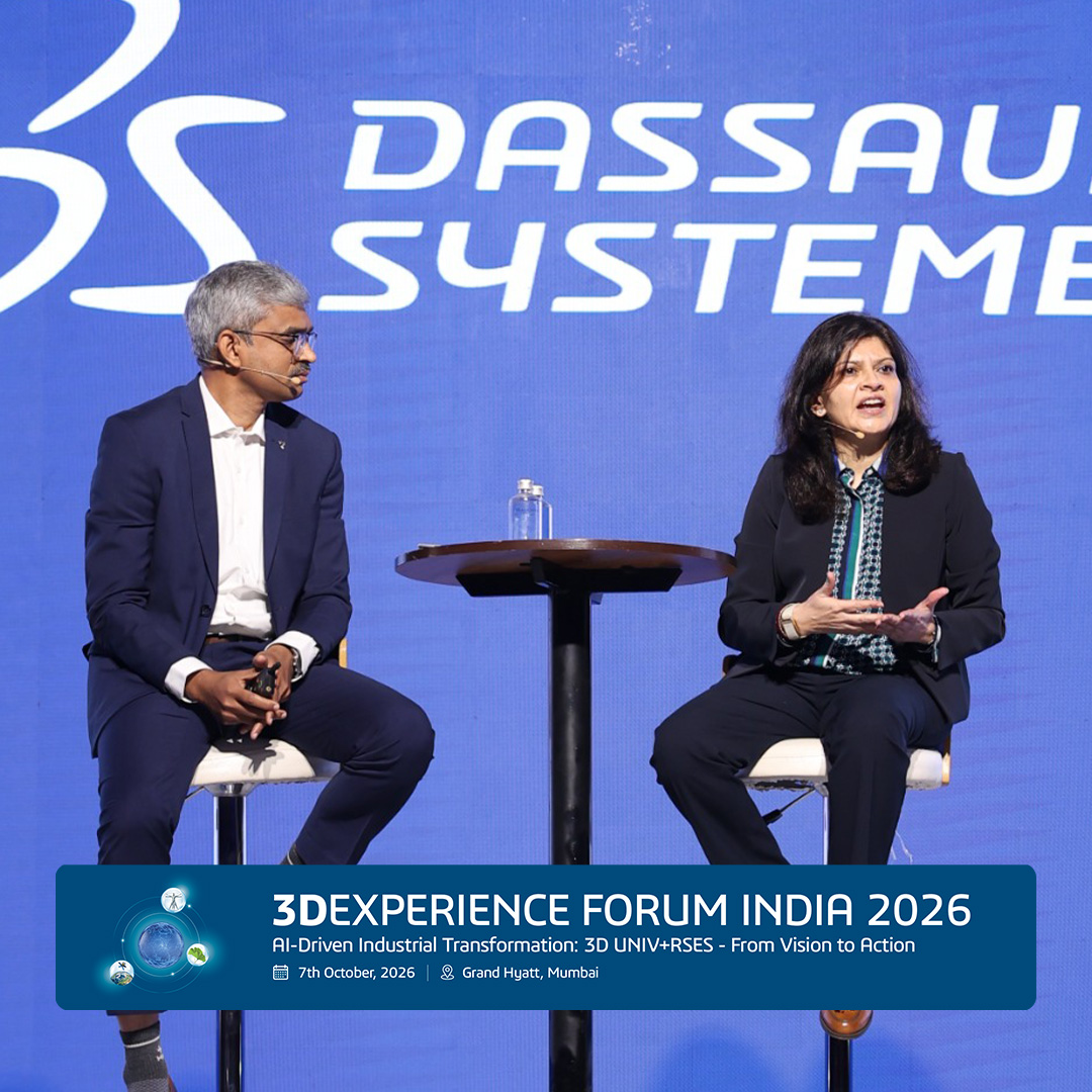 3DSIndia's tweet photo. At #3DEXPERIENCEForum2026, Aarti Singh of Mahindra &amp; Mahindra and Mohammed Azmathullah of Dassault Systèmes explored how Virtual Twins can help mobility teams test, validate and make better decisions before the real world. https://t.co/GdHlcwef9u