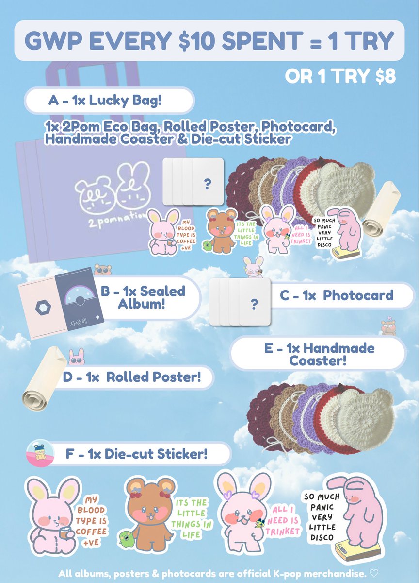 2pomnation's tweet photo. 🎁 GACHA REVEAL! 🎁

Here’s a sneak peek at what you could get from our HallyuCon Gacha!

From K-pop photocards &amp; albums to handmade goodies and more!

🎁 Every $10 spent = 1 TRY
🎁 Spend $20 = 2 TRIES
Every try wins a gift!

#hallyucon #hallyuconsg #hallyucon2026 #sghallyucon https://t.co/zkRU4zeCeG