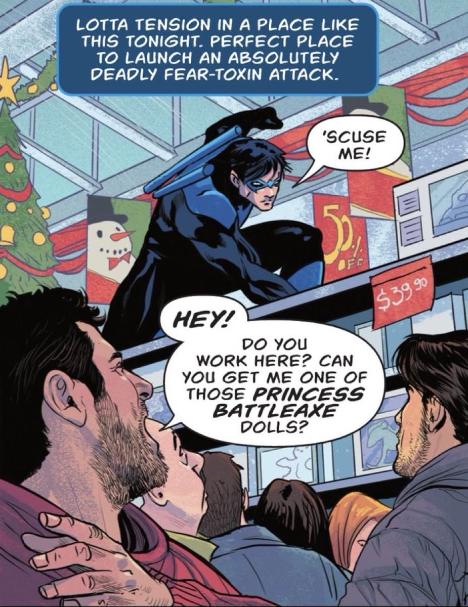 topdissociater's tweet photo. what the fuck is going on in Blüdhaven that they mistake an armed vigilante crawling on top of the shelves for a fucking worker https://t.co/Zje6W60cXJ