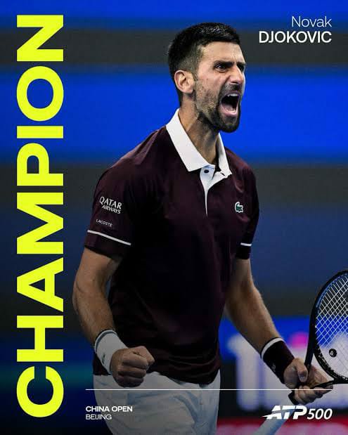 CityBoyBrand's tweet photo. Sports 

DJOKOVIC CLAIMS 102ND CAREER TITLE IN BEIJING

Novak Djokovic has won his 102nd career singles title, after Alex de Minaur retired injured from their China Open final in Beijing.

The 39-year-old Serb was leading 7-6, 1-0 when De Minaur was forced to retire with an apparent left thigh injury.

Both players took medical timeouts after a 68-minute opening set, but the Australian managed just one game before ending the contest.

The victory extends Djokovic’s remarkable record of winning at least one singles title for 21 consecutive years. Only Jimmy Connors, with 109 titles, and Roger Federer, with 103, have won more.

Djokovic, a 24-time Grand Slam champion, is now unbeaten in his last 34 matches at the China Open and has won the Beijing title seven times.

 He had reached only his second final of the year, after losing the Australian Open final to Carlos Alcaraz in January.