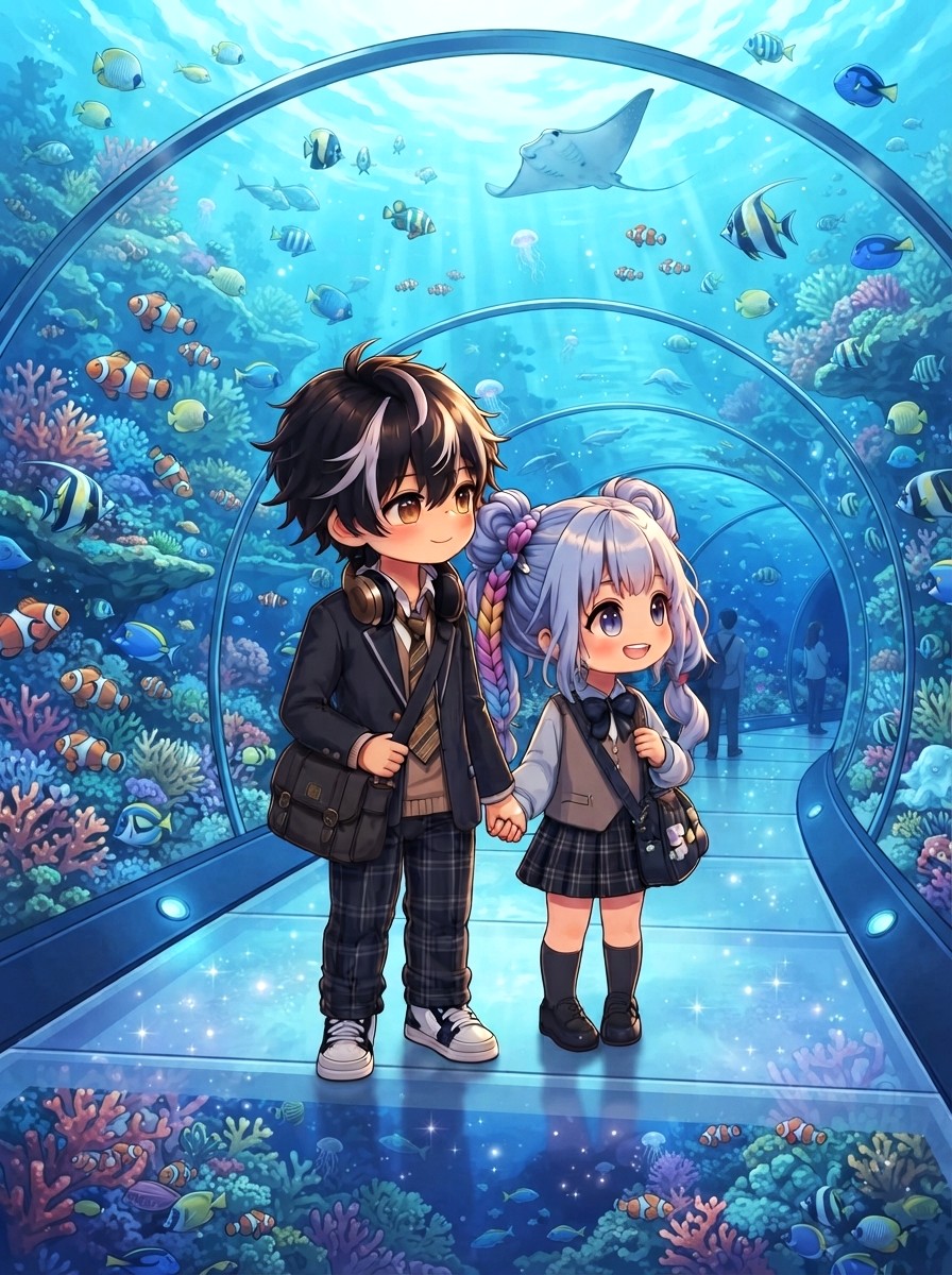 k_ChapoNova's tweet photo. #AIアートフェス
テーマ：水（水のある風景）
参加させていただきます🫧

🐟シエラちゃんとRINくん 水族館デート.。o○
#AIart https://t.co/zbAbfppCae