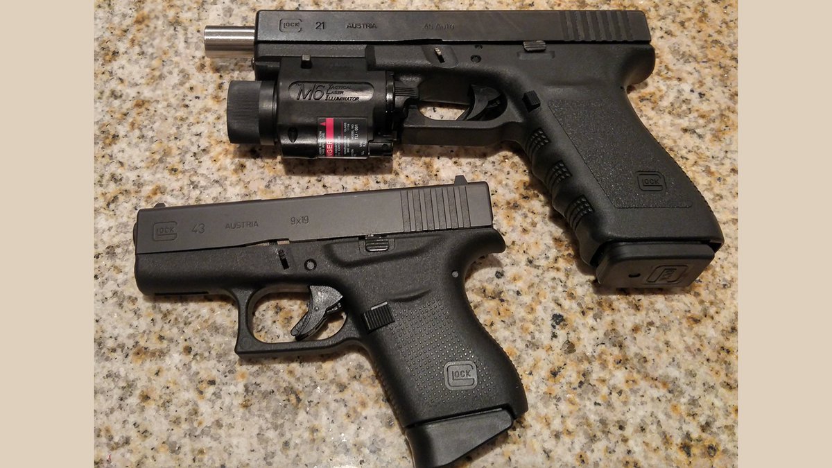 massiveeating's tweet photo. Here's a shot of my old Glocks. The 21 was legitimately pimped out, I rebuilt that shit myself. Full internals rebuild and everything. That shit shot like a motherfucker. I could empty clip after clip and every round was a bullseye. Like solid. Can't wait to get new Glocks. https://t.co/jb4TWQGKWX
