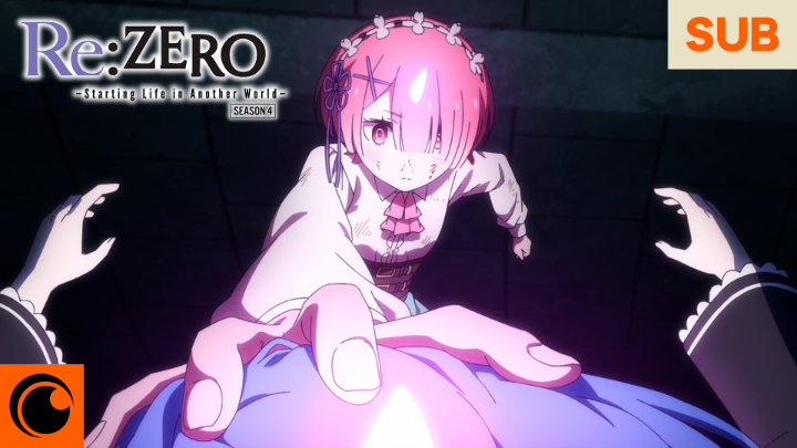 An anime key visual from "Re:ZERO -Starting Life in Another World- Season 4" shows the pink-haired maid Ram reaching out desperately toward the viewer, with two other hands reaching back. The image aligns with the "Ram vs 'Rem'" theme by depicting Ram in a moment of emotional conflict as she appears to be torn between others, with the Crunchyroll logo in the corner.