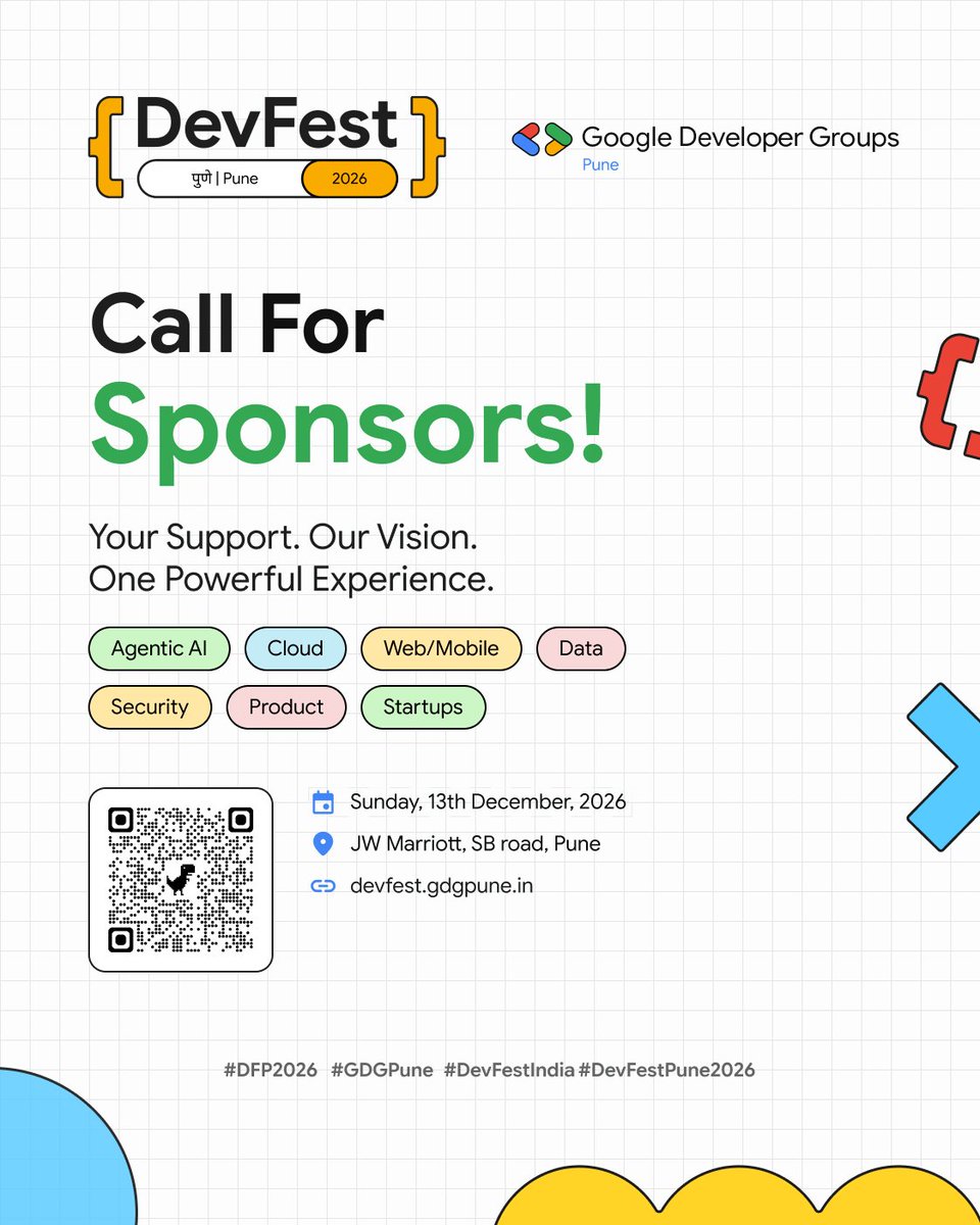 GDGPune's tweet photo. 🤝 Call for Sponsors!
Partner with DevFest Pune 2026 and connect your brand with Pune’s developer community. 💙
📅 Dec 13, 2026
📍 JW Marriott Hotel Pune
📩 https://t.co/TPREENNPxy

#DevFest2026 #GDGPune #DevFestPune https://t.co/iEYceTmJJG