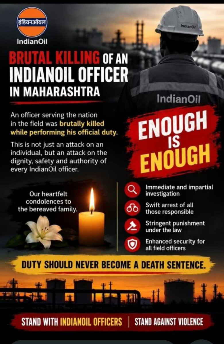 IOCL_Retail_FOs's tweet photo. Brutal killing of on-duty IndianOil officer Shri Mahesh Shelke in Hingoli, Maharashtra is unacceptable.  Duty should NEVER be a death sentence. We demand immediate investigation &amp; justice.  #JusticeForIndianOilOfficer
@HardeepSPuri
@CMOMaharashtra

@Dev_Fadnavis

@DGPMaharashtra https://t.co/gYiVKVxiQ2