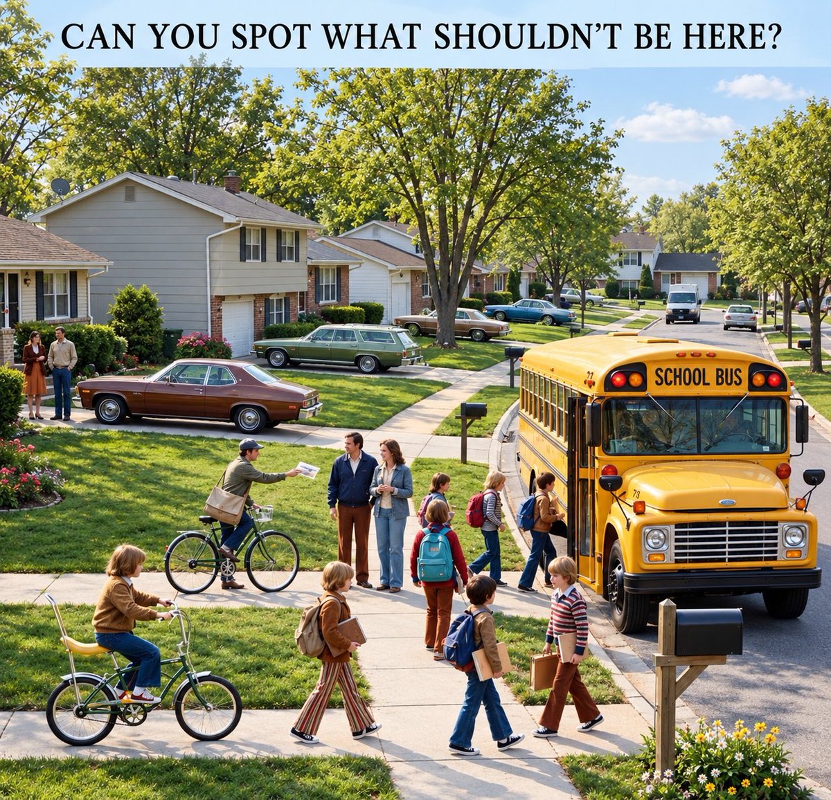 Knightley_22's tweet photo. Can you spot what doesn’t belong in this 1975 neighborhood?

I’ll wait… https://t.co/EkiipTXz9P