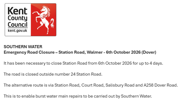 KentHighways's tweet photo. Walmer, Station Road. Road closed until 9th October for @SouthernWater works: https://t.co/nmTsfOodo8 https://t.co/ib1fRdjic0