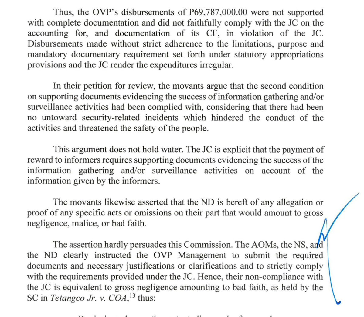 Politiko_Ph's tweet photo. 🚨JUST IN: 🚨

The Commission on Audit has denied with finality Vice President Sara Duterte’s appeal over ₱73.287 million in the Office of the Vice President's confidential expenses, ruling that the questioned transactions were irregular and illegal.

In a resolution dated October 5, 2026, COA said the ₱69.787 million supposedly spent by the OVP on rewards for informers was “completely unsubstantiated,” citing the lack of proof that eligible non-OVP informers provided information that led to actual operational success. 

The audit body also held VP Duterte and two OVP officials personally liable for the disallowed expenses. Duterte was identified as having approved the transactions, including the use of the cash advance.