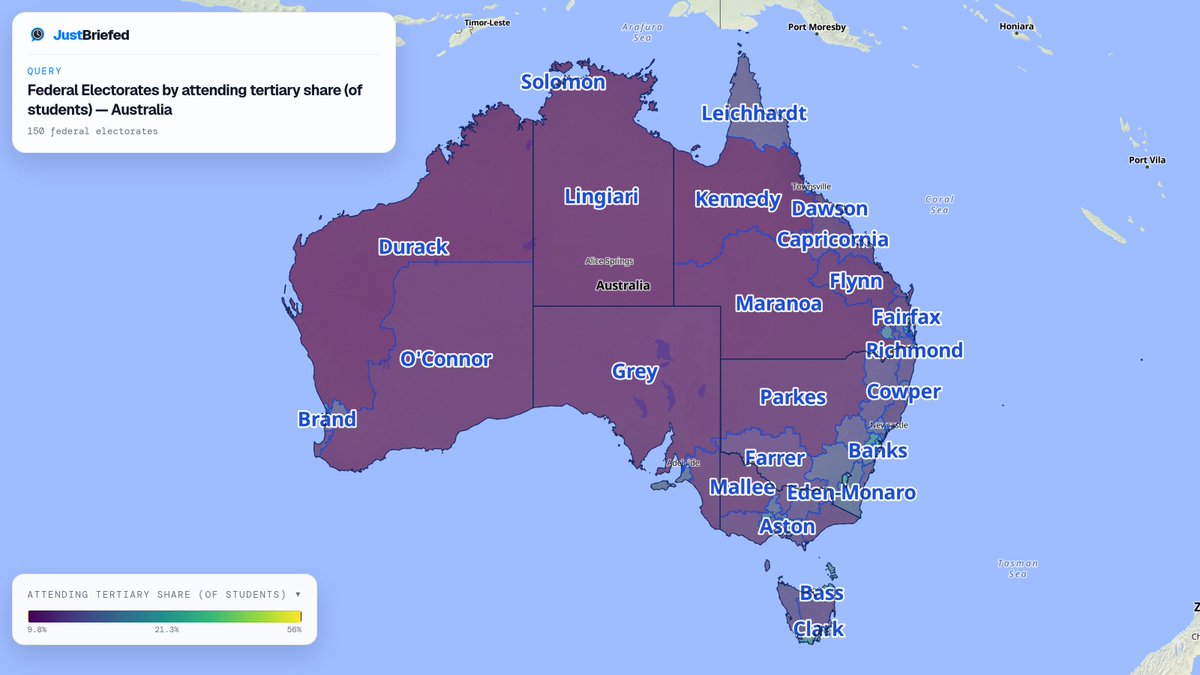 justbriefedau's tweet photo. @JulianHillMP Where student stakes run highest. Attending tertiary share (of students) reaches 56% in Melbourne, down to 9.8% in Durack against a national median of 21.2%.

View the interactive map: https://t.co/FE9weuX7uF https://t.co/lYvwQbIo35