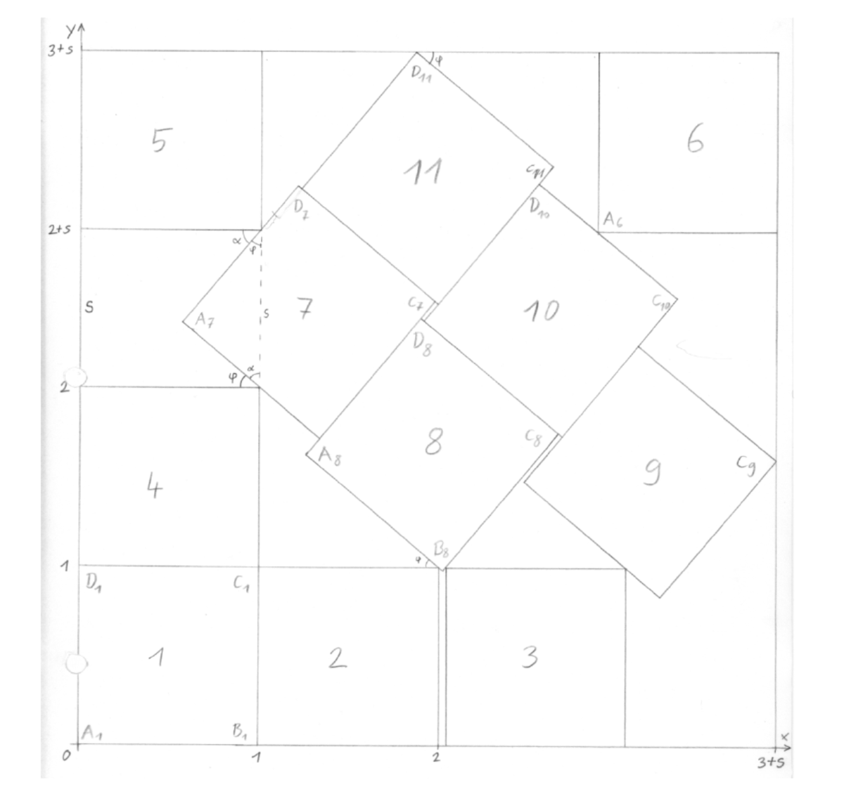Pixel0Symphony's tweet photo. @ManassehA06 @ojoshe @kleddamag @wand_125 @guzhou0806 @ctjlewis Walter Trump's original drawing for the packing of 11 unit squares in a square, 1979. https://t.co/ocqZpxvR2a