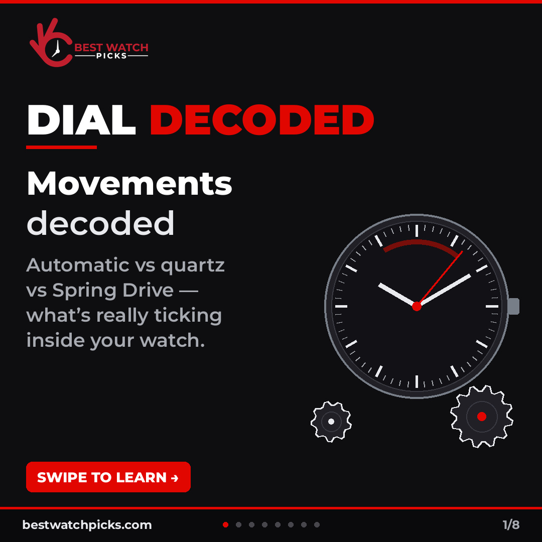 bestwatchpicks's tweet photo. Tick, sweep or glide? Your seconds hand gives away what's inside: quartz, automatic or Spring Drive.

This week's Dial Decoded: how each movement works, how they typically compare, and how to tell which one you own.

https://t.co/bMBDv1yRUk

#Horology #WatchMovements https://t.co/GsZgJfJaPx