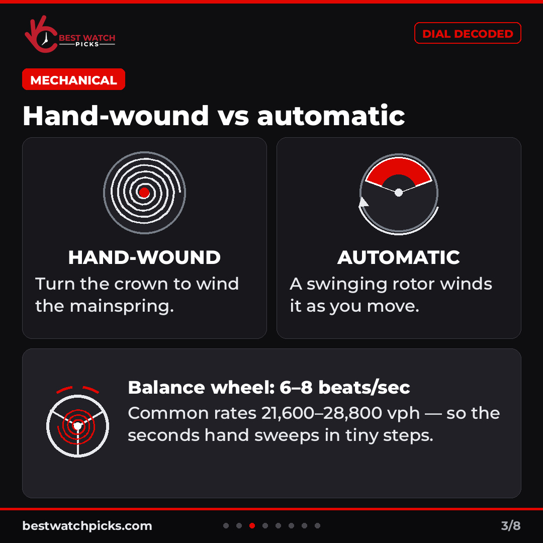 bestwatchpicks's tweet photo. Tick, sweep or glide? Your seconds hand gives away what's inside: quartz, automatic or Spring Drive.

This week's Dial Decoded: how each movement works, how they typically compare, and how to tell which one you own.

https://t.co/bMBDv1yRUk

#Horology #WatchMovements https://t.co/GsZgJfJaPx