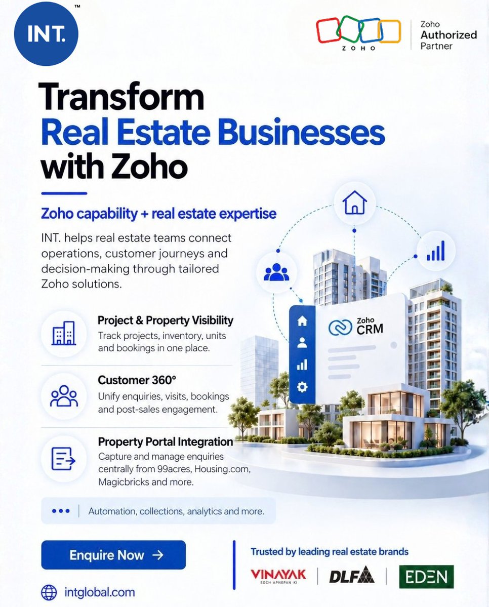 indusnettech's tweet photo. Real estate teams don’t need more data. They need a clearer view of the data they already have.

With Zoho CRM, INT. helps bring enquiries, property details, bookings and follow-ups into one connected flow.

Enquire Now: https://t.co/cRLeWHg5T1

#ZohoCRM #ZohoPartner #INTGlobal https://t.co/z9tSyB5Q1c