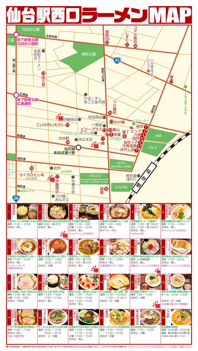 hamavelily's tweet photo. 仙台のラーメンマップ全11枚をまとめたサイトを公開しました。

https://t.co/695BQlhdin

渡辺、嘉一、鬼道家、二郎、みずさわ屋、くまがい、くろく、大平楽、58、ラカン、結び、ふじやま、こいけ屋、ことぶき、東京屋、ヤマロク、ひろせ、麺龍、月光、吟、一休、りっすい社など お気に入りの一杯を https://t.co/oyGGclE7JJ