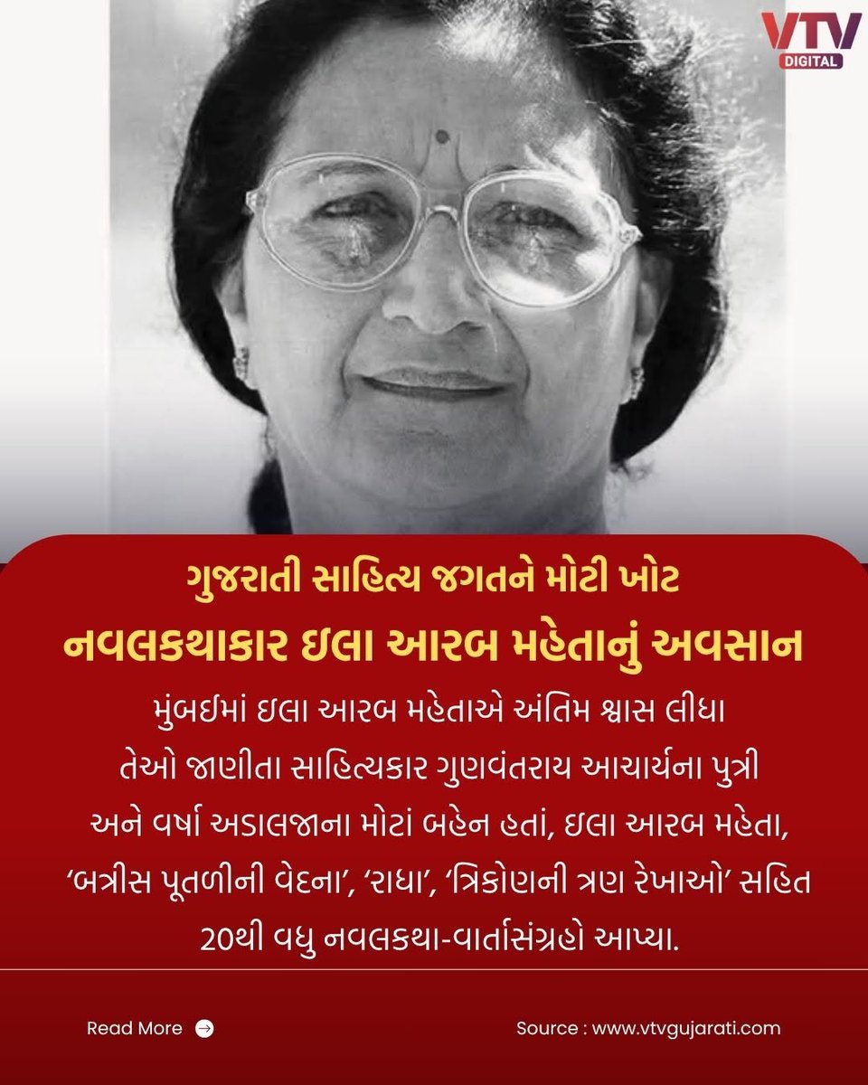 VtvGujarati's tweet photo. ગુજરાતી સાહિત્ય જગતને મોટી ખોટ
નવલકથાકાર ઇલા આરબ મહેતાનું અવસાન

મુંબઈમાં ઇલા આરબ મહેતાએ અંતિમ શ્વાસ લીધા, તેઓ જાણીતા
સાહિત્યકાર ગુણવંતરાય આચાર્યના પુત્રી અને વર્ષા અડાલજાના મોટાં બહેન હતાં
ઇલા આરબ મહેતા, ‘બત્રીસ પૂતળીની વેદના’, ‘રાધા’, ‘ત્રિકોણની ત્રણ રેખાઓ’
સહિત 20થી વધુ નવલકથા-વાર્તાસંગ્રહો આપ્યા.

#IlaArabMehta #GujaratiLiterature #GujaratiWriter #IlaMehta #VTVDigital