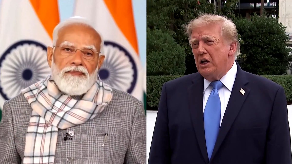 The image shows a side-by-side of Indian Prime Minister Narendra Modi and former US President Donald Trump, illustrating the stalled bilateral trade negotiations between India and the United States, as referenced in the Reuters article.
